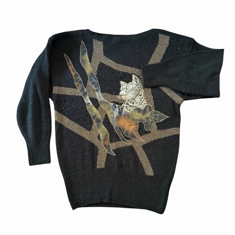 Vintage 80s Mariea Kim Sweater Womens M Black Gold Leopard Applique Embroidered